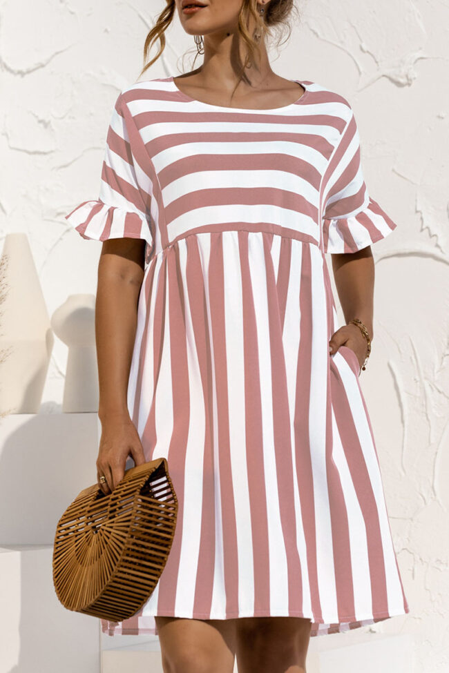 Fashion Casual Striped Split Joint O Neck A Line Dresses