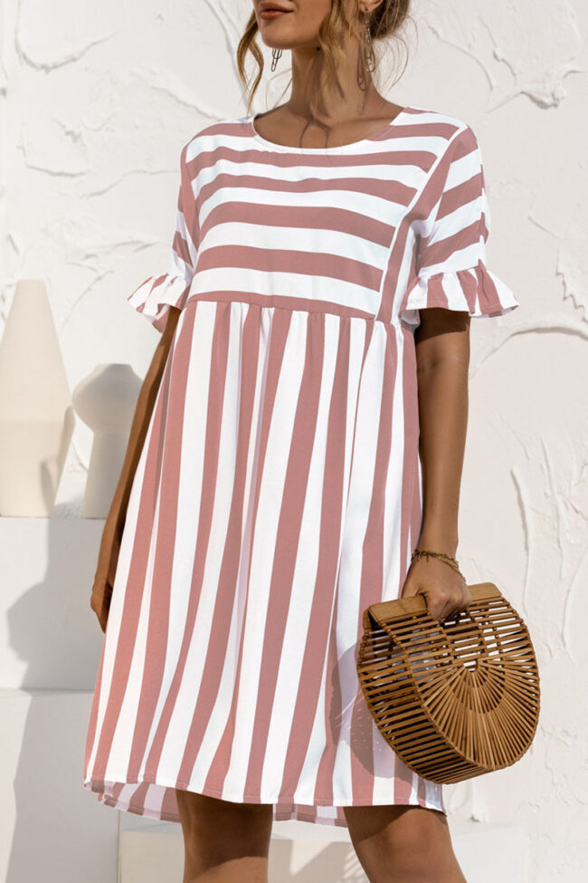Fashion Casual Striped Split Joint O Neck A Line Dresses
