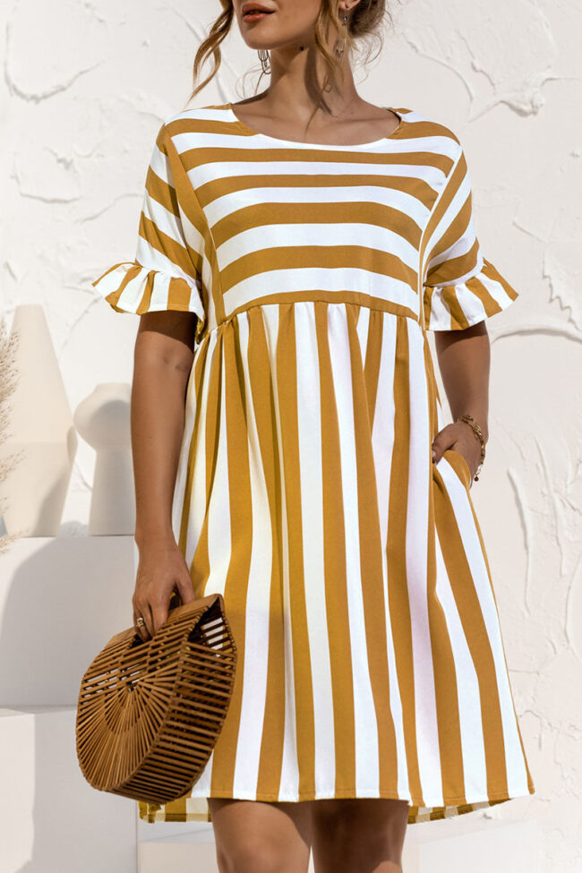 Fashion Casual Striped Split Joint O Neck A Line Dresses