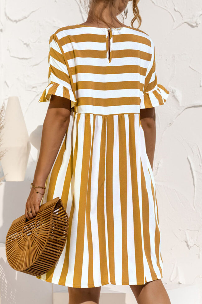 Fashion Casual Striped Split Joint O Neck A Line Dresses