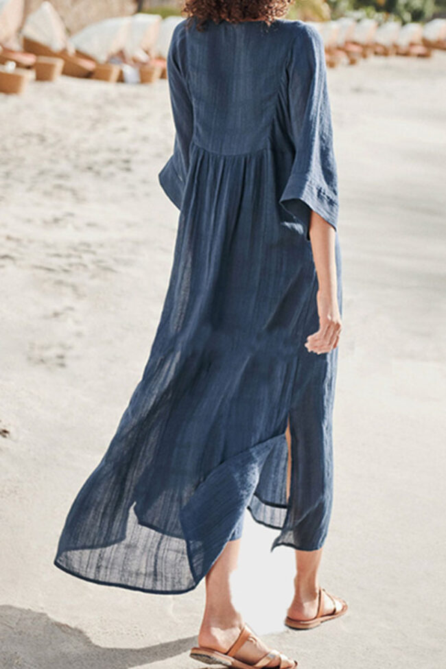 Fashion Casual Solid Split Joint V Neck A Line Dresses