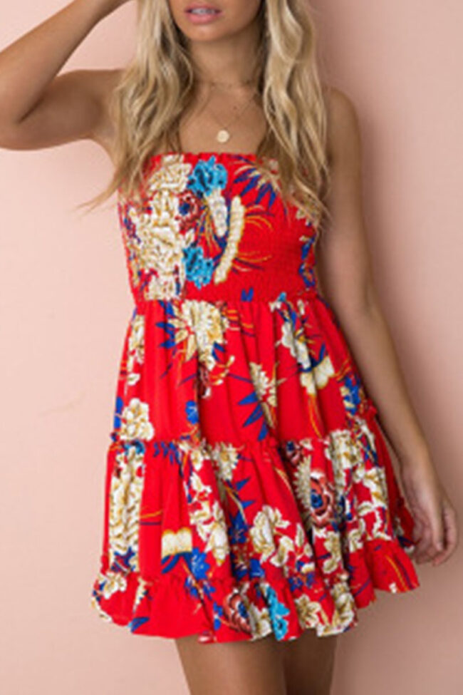 Fashion Street Print Split Joint Strapless A Line Dresses