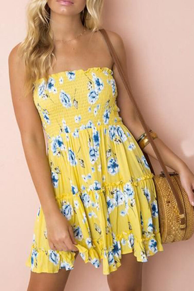 Fashion Street Print Split Joint Strapless A Line Dresses