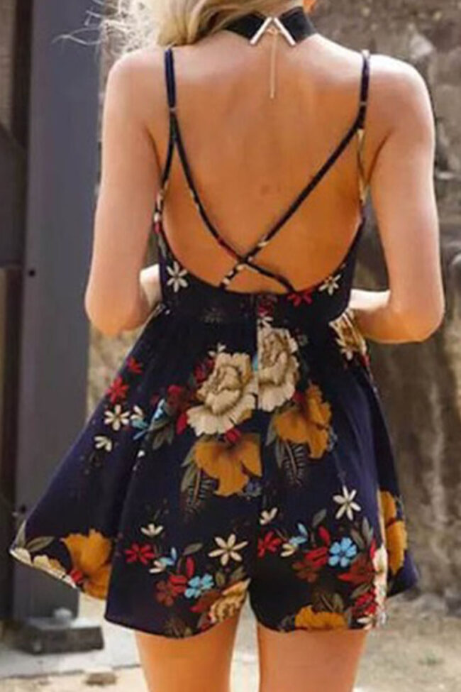 Fashion Street Print Backless V Neck Loose Jumpsuits