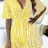 Fashion Street Striped Split Joint V Neck Pleated Dresses