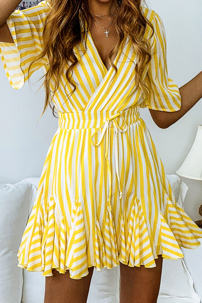 Fashion Street Striped Split Joint V Neck Pleated Dresses