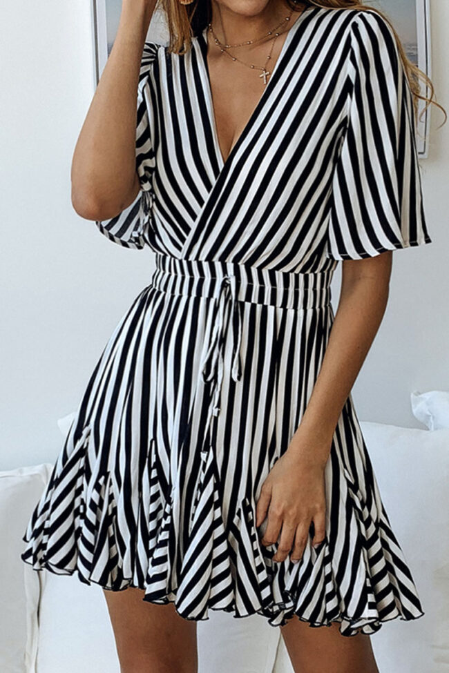 Fashion Street Striped Split Joint V Neck Pleated Dresses