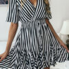 Fashion Street Striped Split Joint V Neck Pleated Dresses