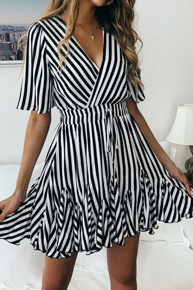 Fashion Street Striped Split Joint V Neck Pleated Dresses