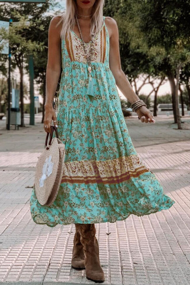 Fashion Street Print Split Joint V Neck A Line Dresses