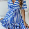 Fashion Street Striped Split Joint V Neck Pleated Dresses