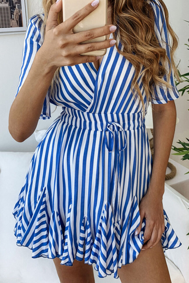 Fashion Street Striped Split Joint V Neck Pleated Dresses