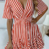 Fashion Street Striped Split Joint V Neck Pleated Dresses