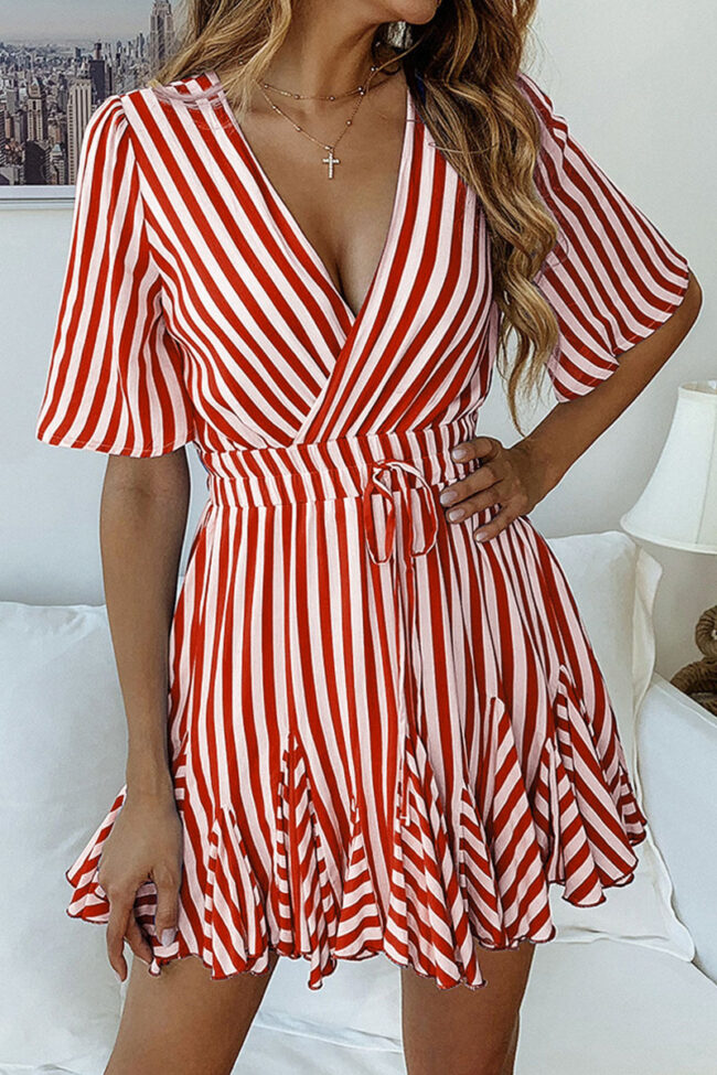 Fashion Street Striped Split Joint V Neck Pleated Dresses