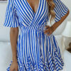 Fashion Street Striped Split Joint V Neck Pleated Dresses