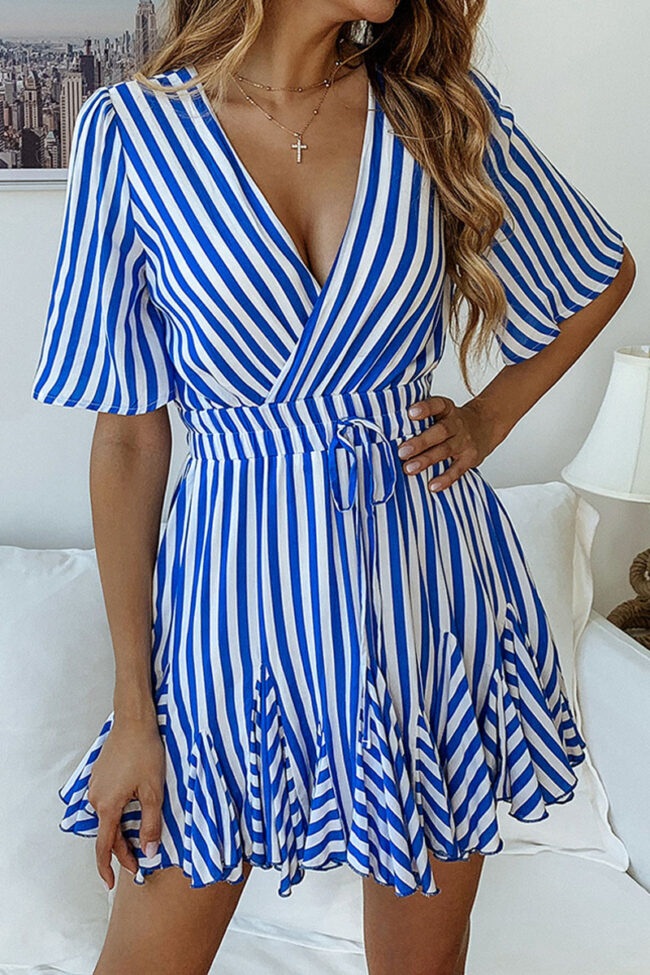 Fashion Street Striped Split Joint V Neck Pleated Dresses