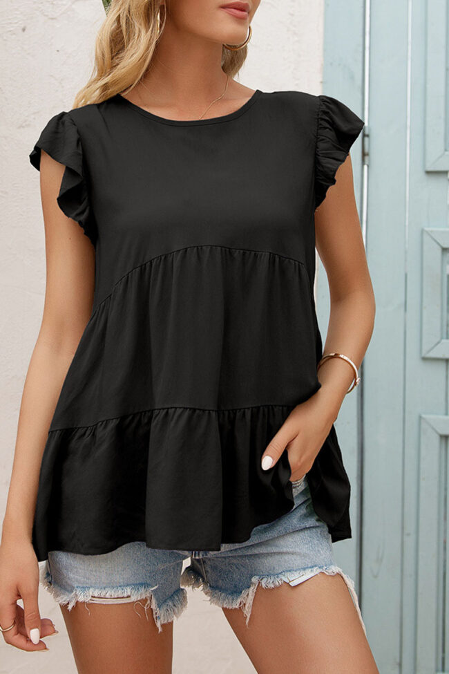 Fashion Casual Solid Split Joint O Neck Tops