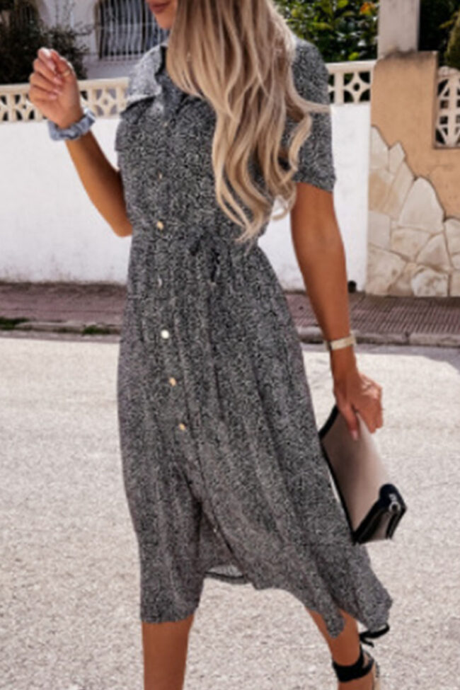 Fashion Street Print Split Joint Turndown Collar A Line Dresses