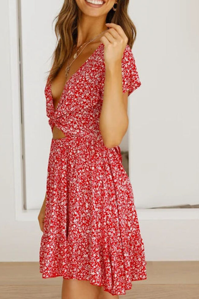 Fashion Sweet Print Split Joint V Neck A Line Dresses