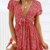 Fashion Sweet Print Split Joint V Neck A Line Dresses