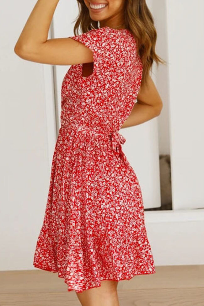 Fashion Sweet Print Split Joint V Neck A Line Dresses