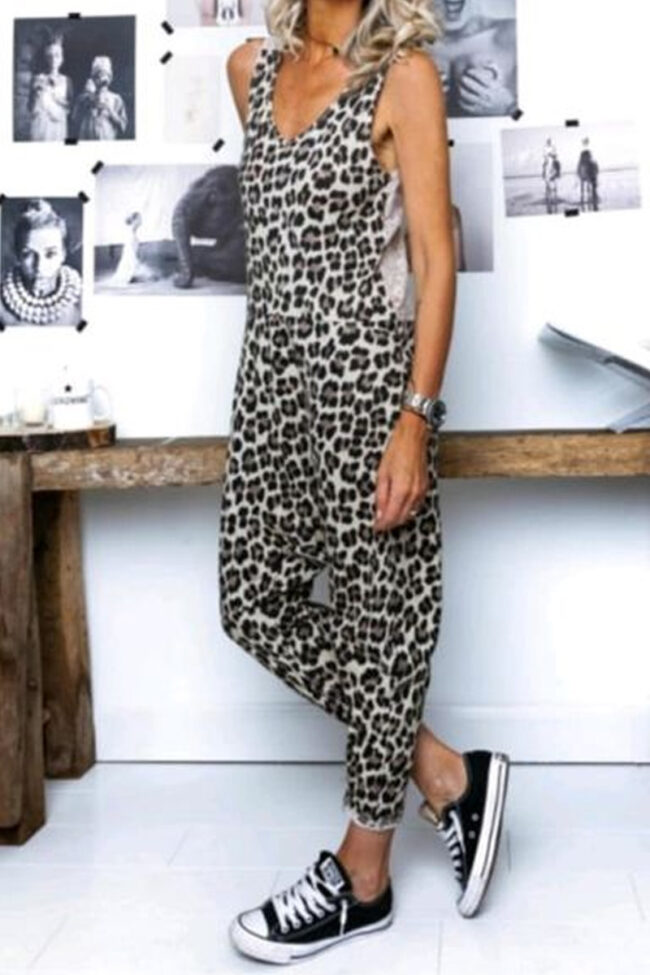 Fashion Street Leopard V Neck Loose Jumpsuits