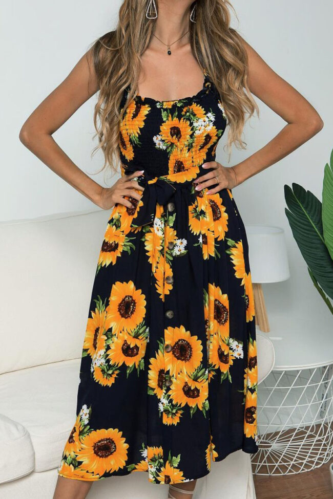 Fashion Casual Print Split Joint Spaghetti Strap A Line Dresses