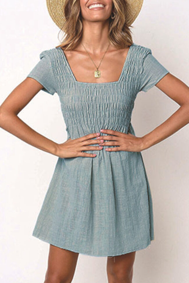 Fashion Casual Solid Split Joint Square Collar Pleated Dresses