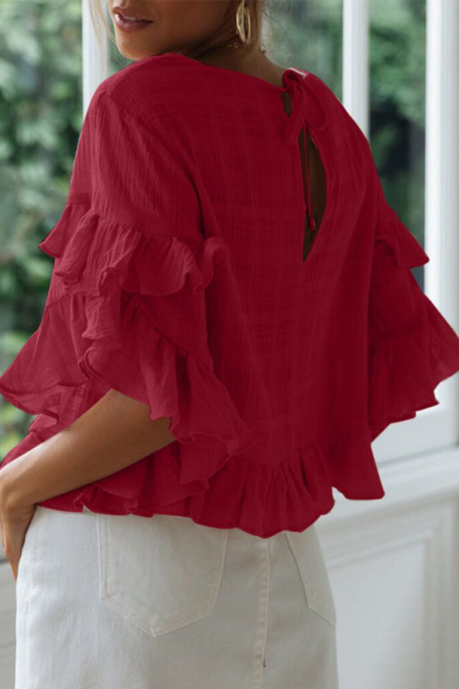Casual Sweet Patchwork Solid Flounce O Neck Tops
