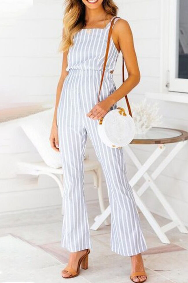 Fashion Street Striped Backless Spaghetti Strap Loose Jumpsuits