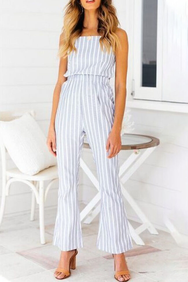 Fashion Street Striped Backless Spaghetti Strap Loose Jumpsuits