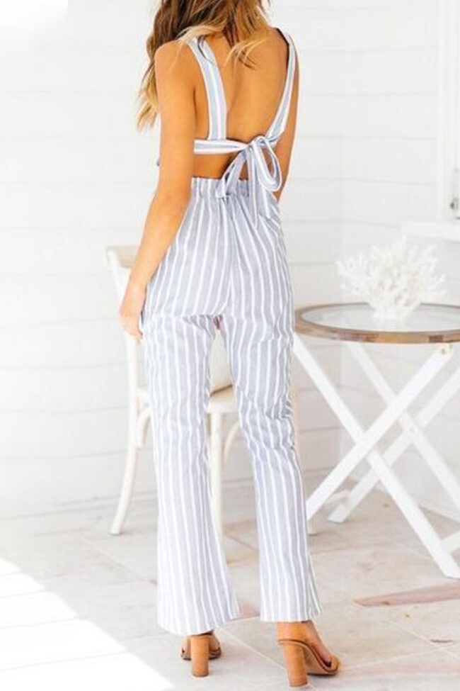 Fashion Street Striped Backless Spaghetti Strap Loose Jumpsuits