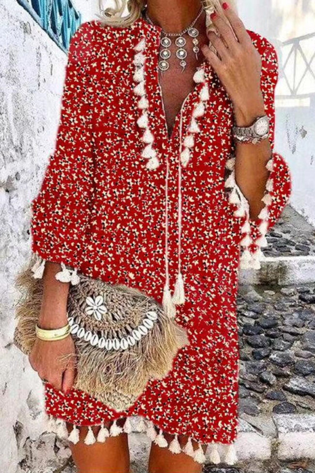 Fashion Sweet Print Tassel V Neck A Line Dresses