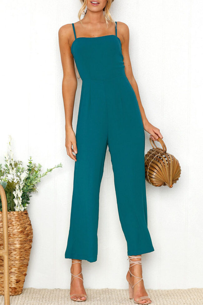 Simplicity Solid Split Joint Spaghetti Strap Loose Jumpsuits