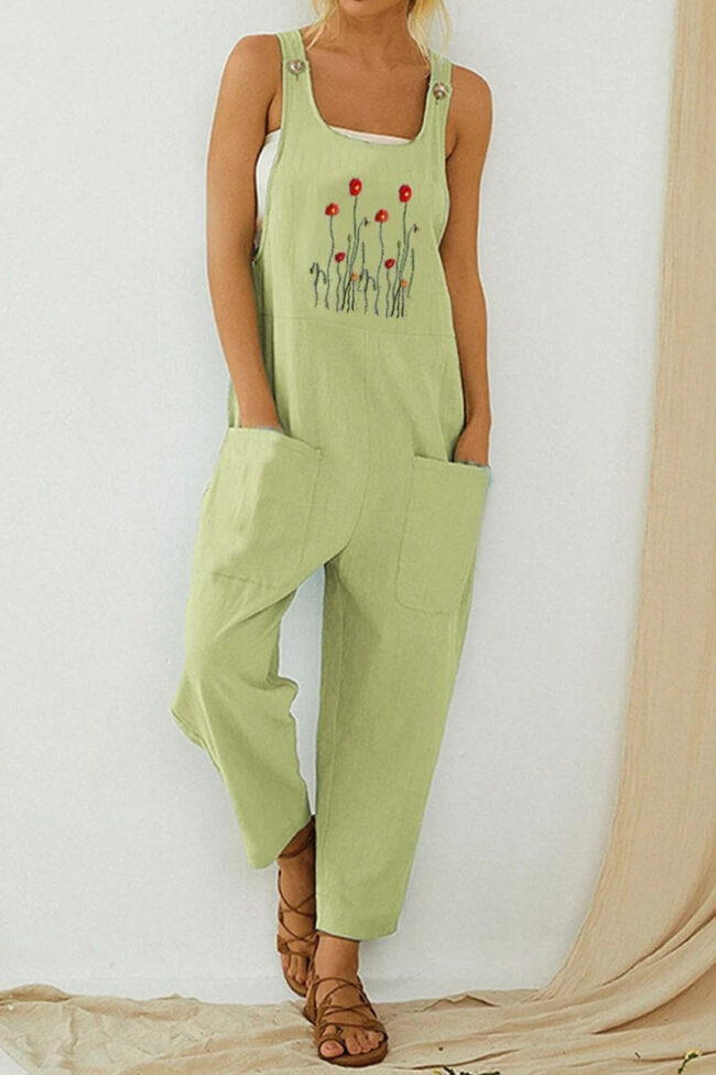 Fashion Casual Print Pocket Spaghetti Strap Loose Jumpsuits