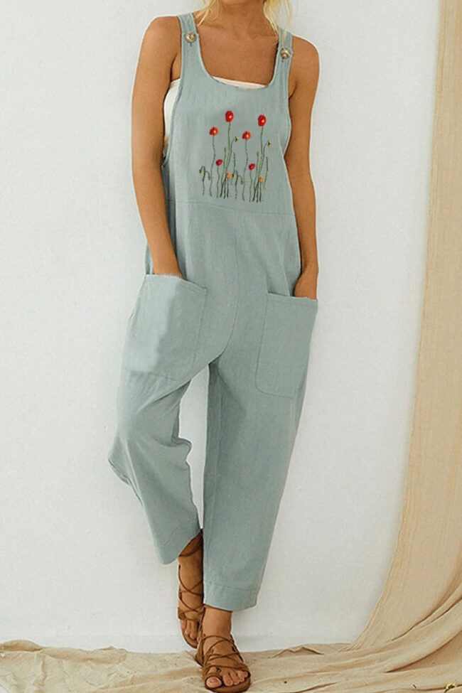 Fashion Casual Print Pocket Spaghetti Strap Loose Jumpsuits