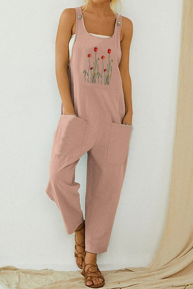 Fashion Casual Print Pocket Spaghetti Strap Loose Jumpsuits