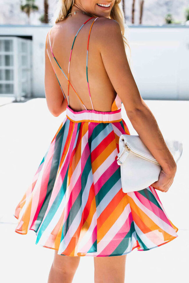 Fashion Street Striped Backless V Neck A Line Dresses