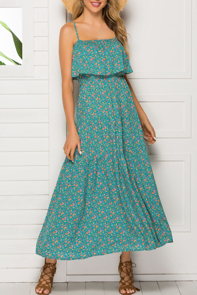 Bohemian Print Split Joint Spaghetti Strap Waist Skirt Dresses