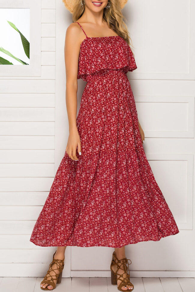 Bohemian Print Split Joint Spaghetti Strap Waist Skirt Dresses