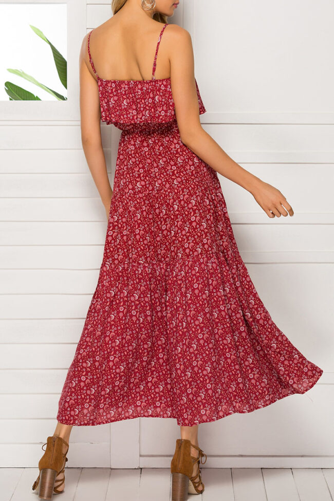 Bohemian Print Split Joint Spaghetti Strap Waist Skirt Dresses