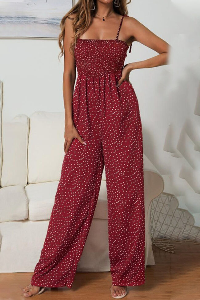 Fashion Street Dot Split Joint Spaghetti Strap Loose Jumpsuits