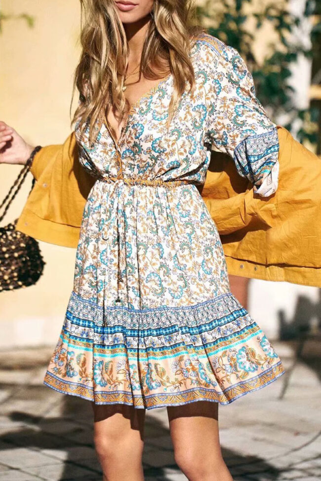 Fashion Bohemian Print Split Joint V Neck Waist Skirt Dresses