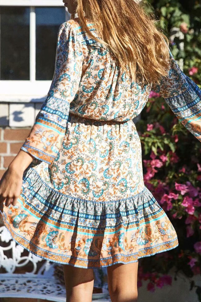 Fashion Bohemian Print Split Joint V Neck Waist Skirt Dresses