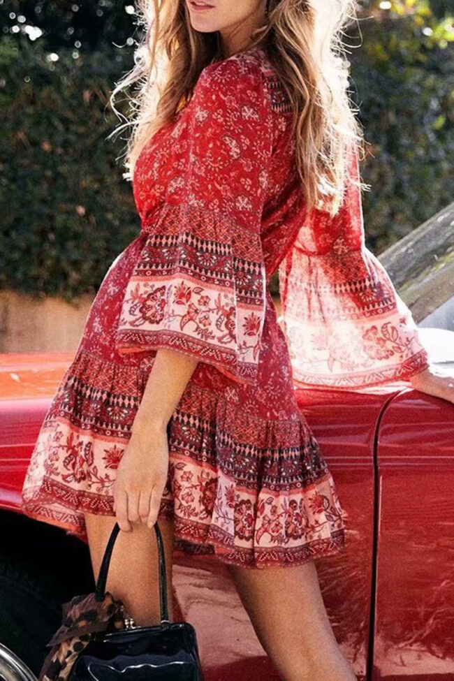 Fashion Bohemian Print Split Joint V Neck Waist Skirt Dresses