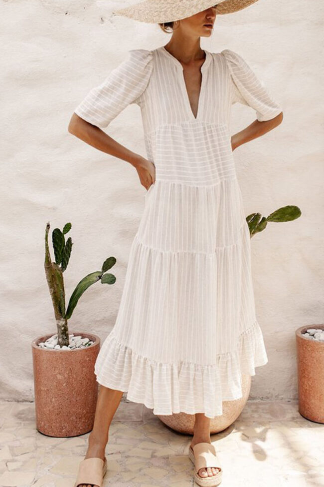 Vacation Striped Split Joint Flounce Fold Short Sleeve Dress