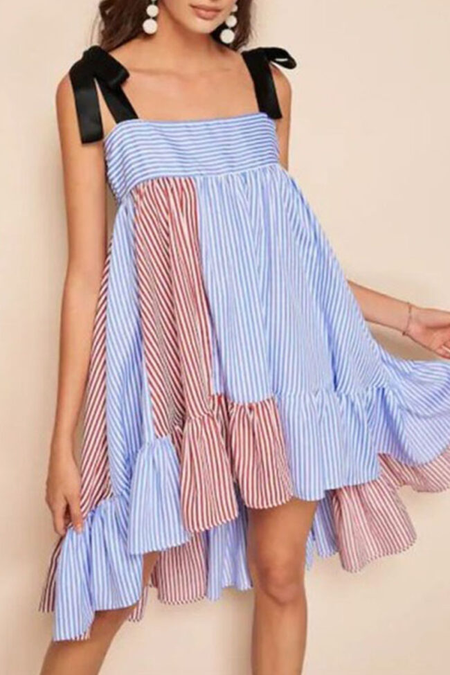 Street Striped Split Joint Spaghetti Strap Pleated Dresses