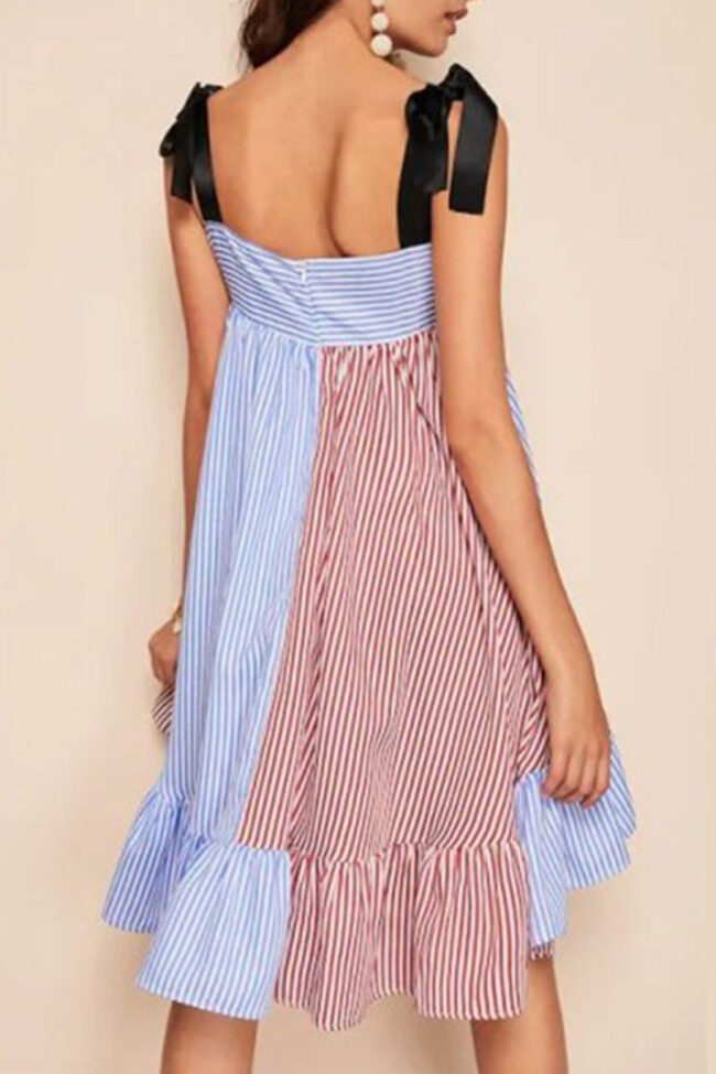 Street Striped Split Joint Spaghetti Strap Pleated Dresses