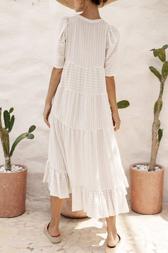 Vacation Striped Split Joint Flounce Fold Short Sleeve Dress