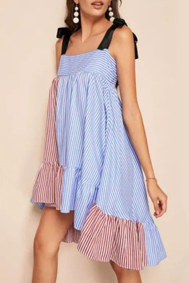 Street Striped Split Joint Spaghetti Strap Pleated Dresses